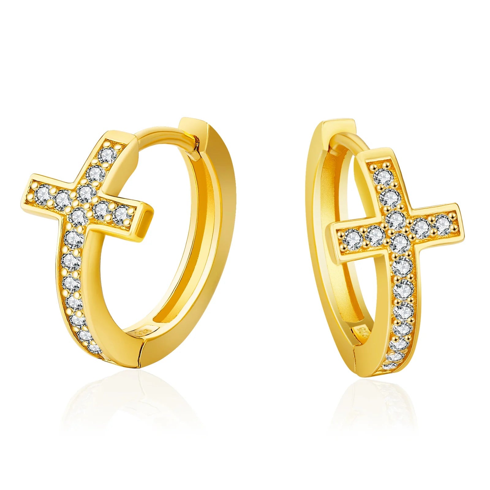 S925 Silver Iced Diamond Cross Hoop Earrings in 14K Gold - 15mm Earrings 