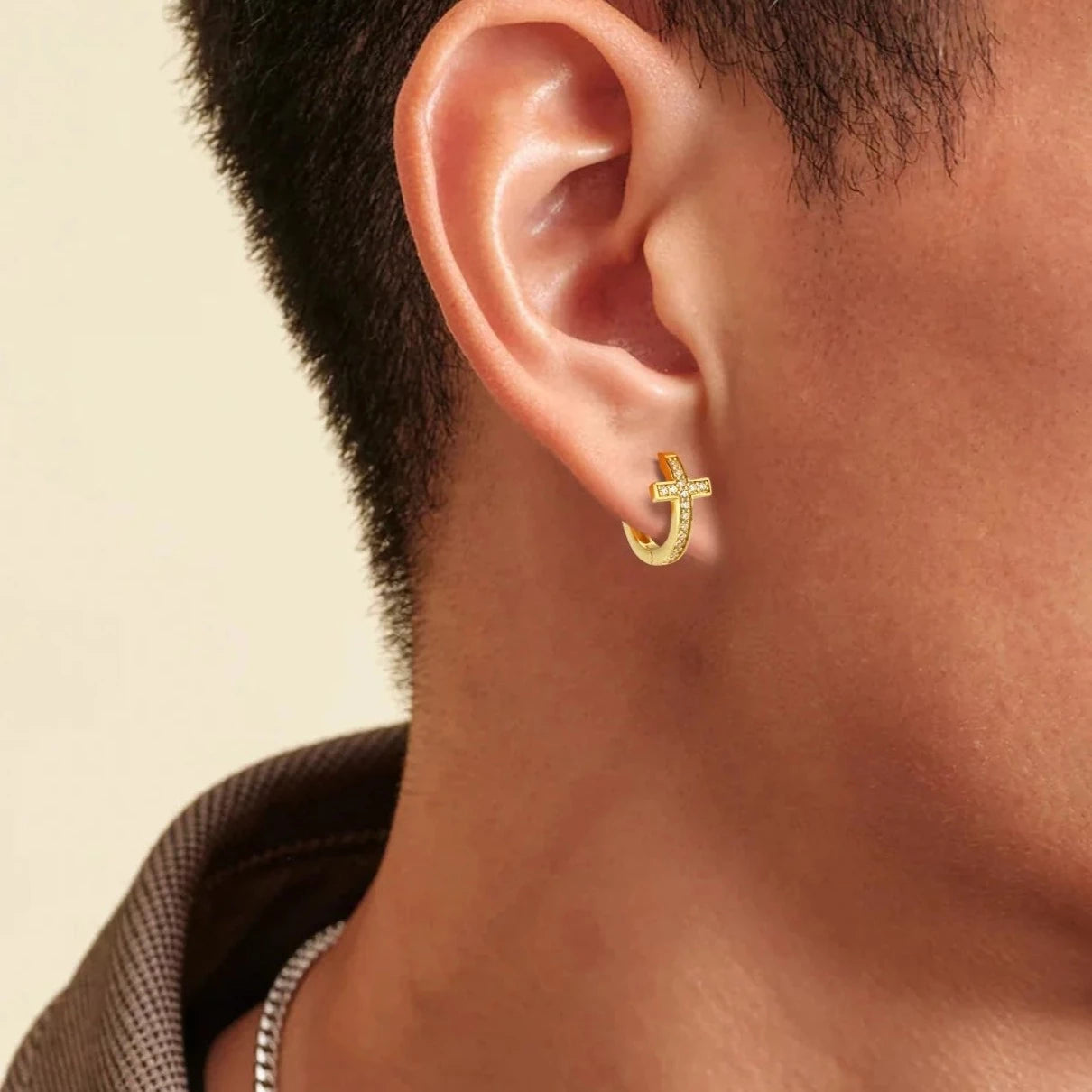 S925 Silver Iced Diamond Cross Hoop Earrings in 14K Gold - 15mm Earrings 