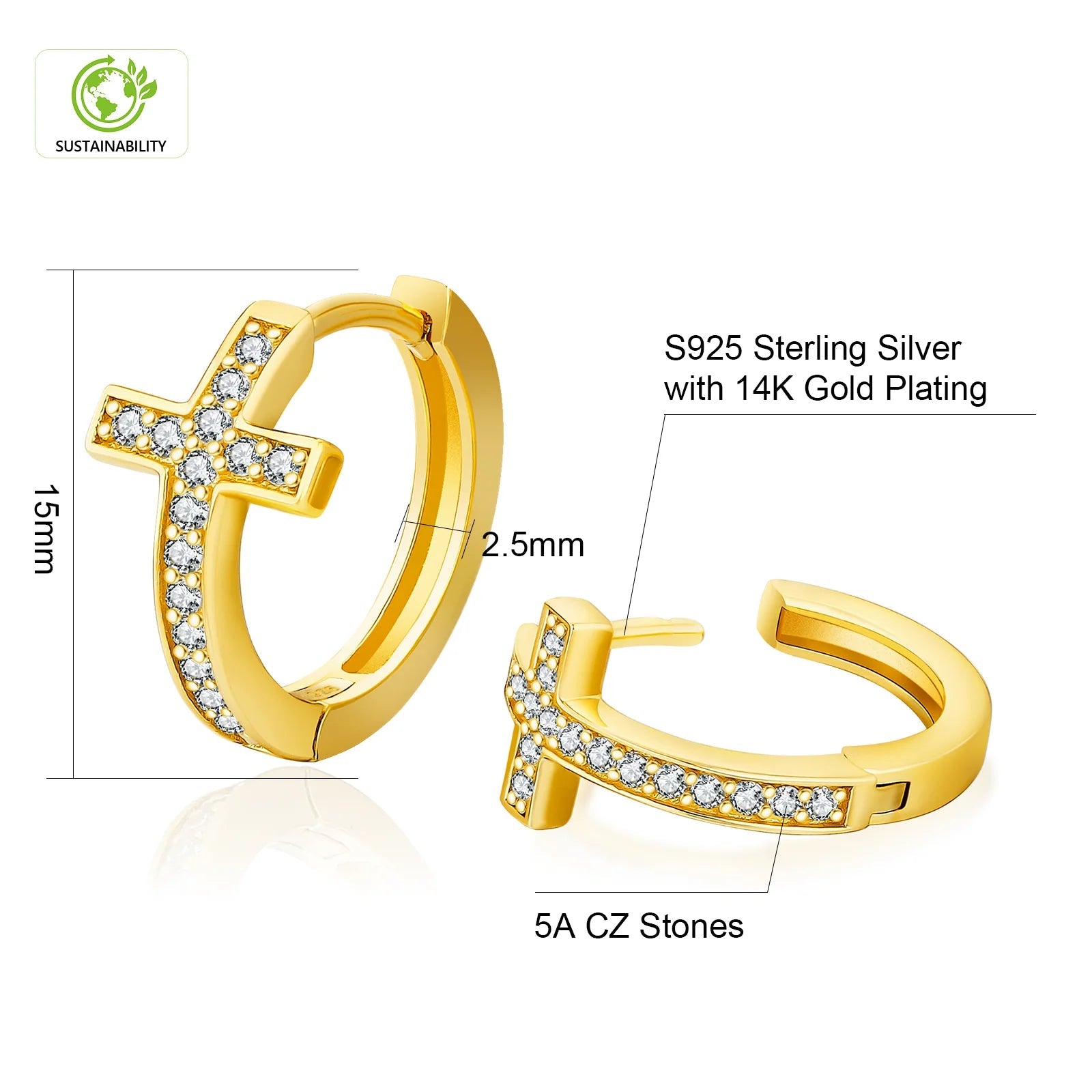 S925 Silver Iced Diamond Cross Hoop Earrings in 14K Gold - 15mm Earrings 