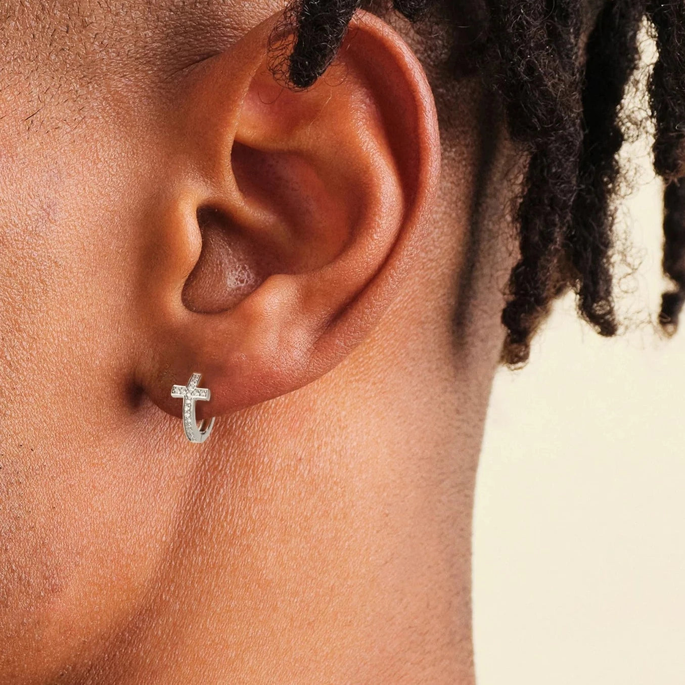 S925 Silver Iced Diamond Cross Hoop Earrings in White Gold - 15mm Earrings 