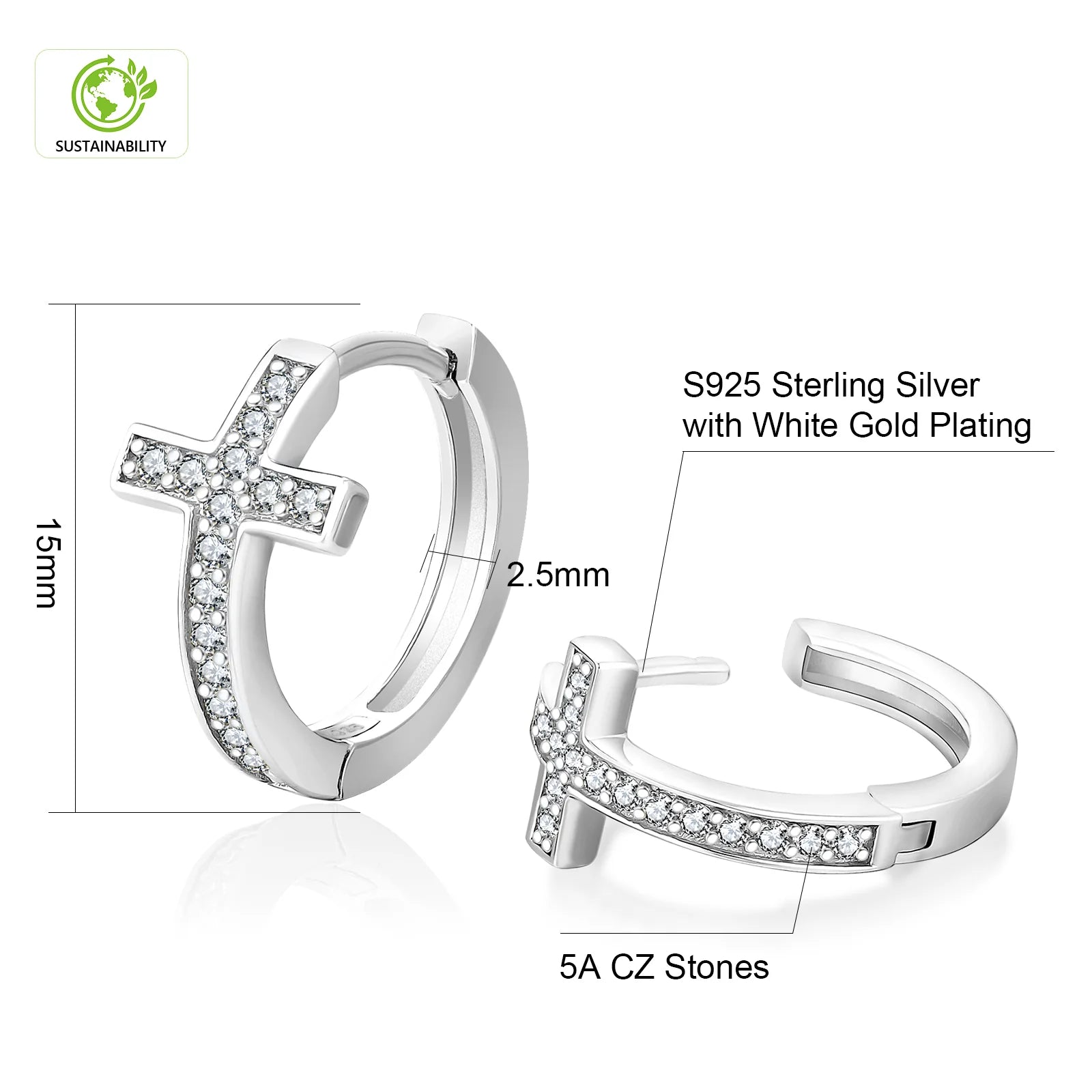 S925 Silver Iced Diamond Cross Hoop Earrings in White Gold - 15mm Earrings 