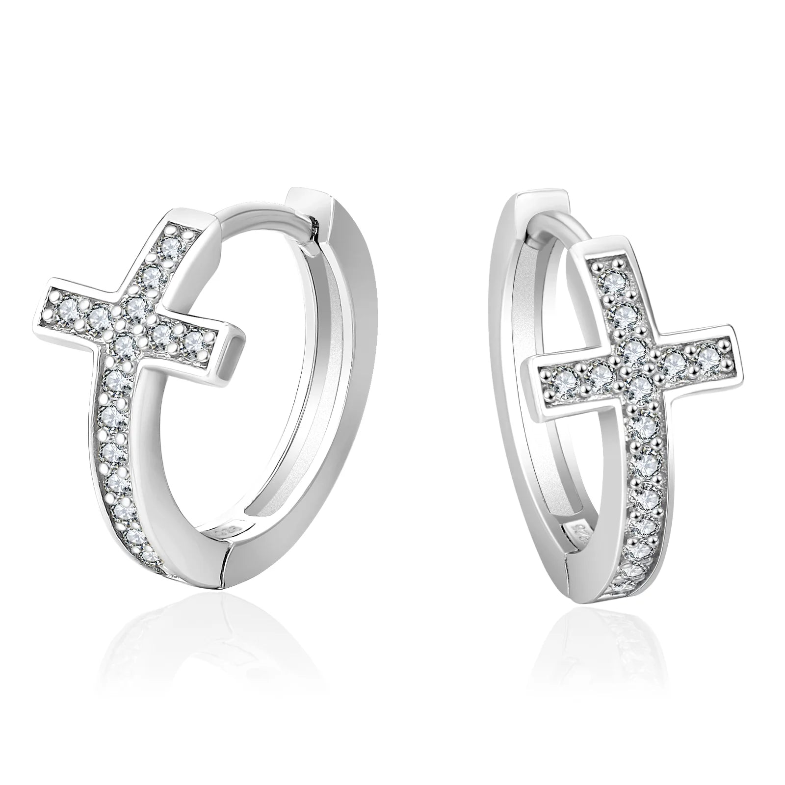 S925 Silver Iced Diamond Cross Hoop Earrings in White Gold - 15mm Earrings 