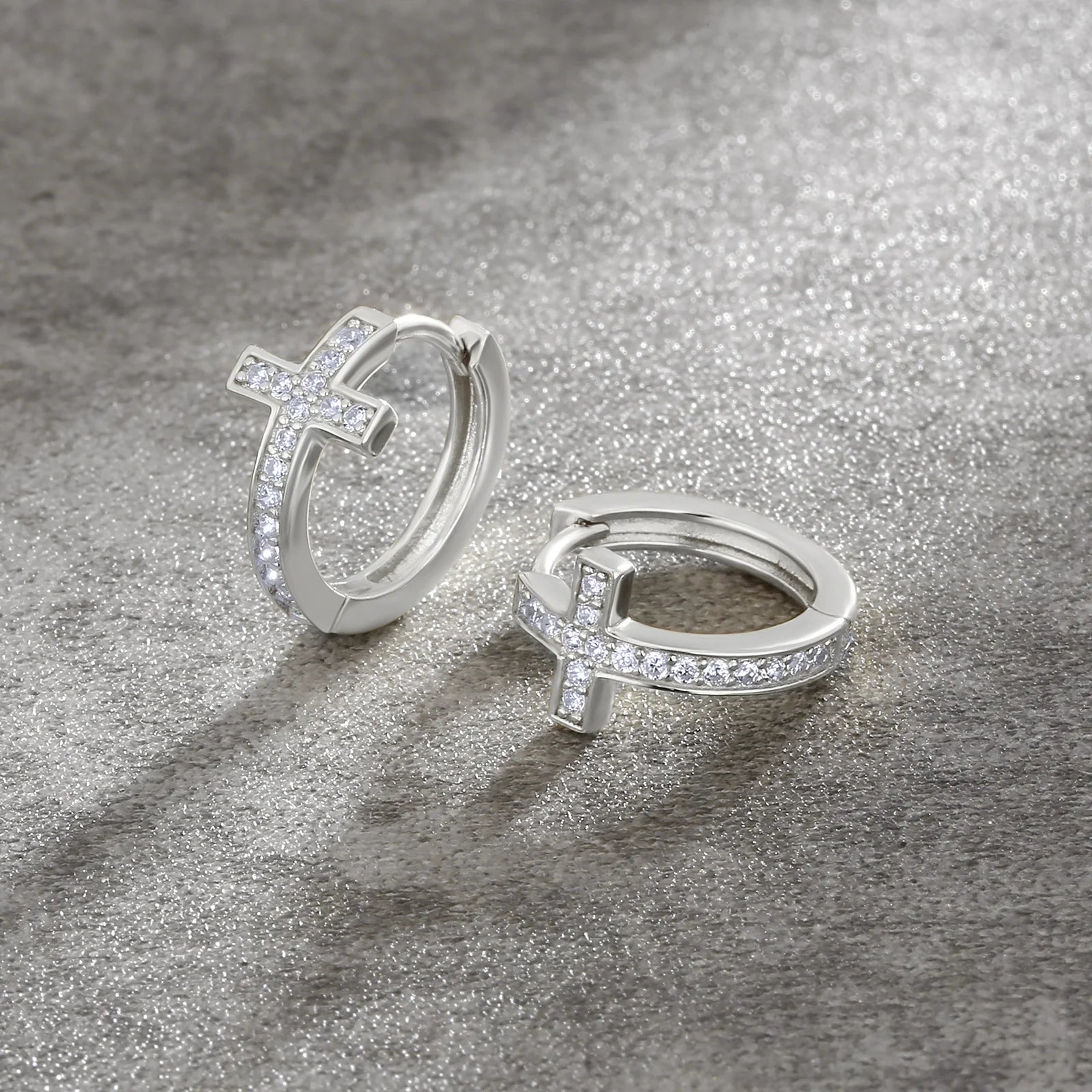 S925 Silver Iced Diamond Cross Hoop Earrings in White Gold - 15mm Earrings 