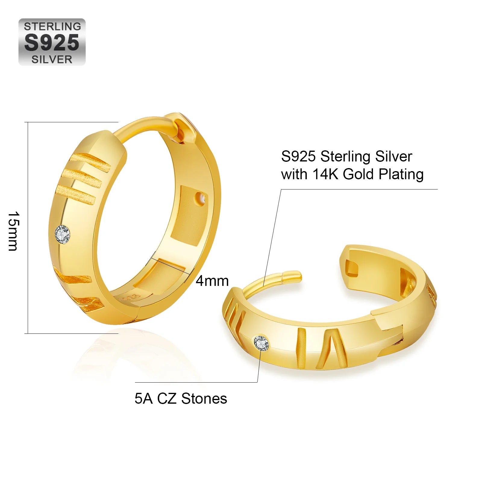 S925 Silver Roman Numerals Hoop Earrings for Men in 14K Gold - 15mm 