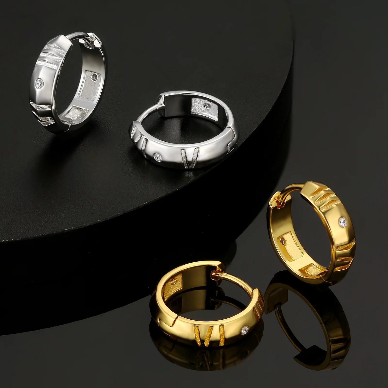 S925 Silver Roman Numerals Hoop Earrings for Men in Whitie Gold - 15mm Earrings 