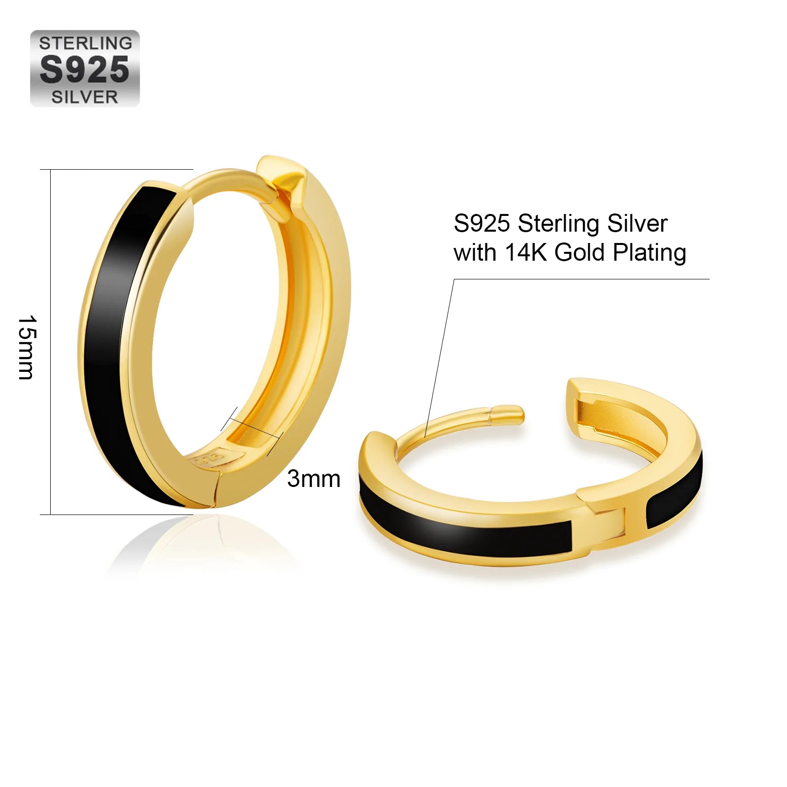 S925 Silver Sleek Black Hoop Earrings in 14K Gold - 15mm Earrings 
