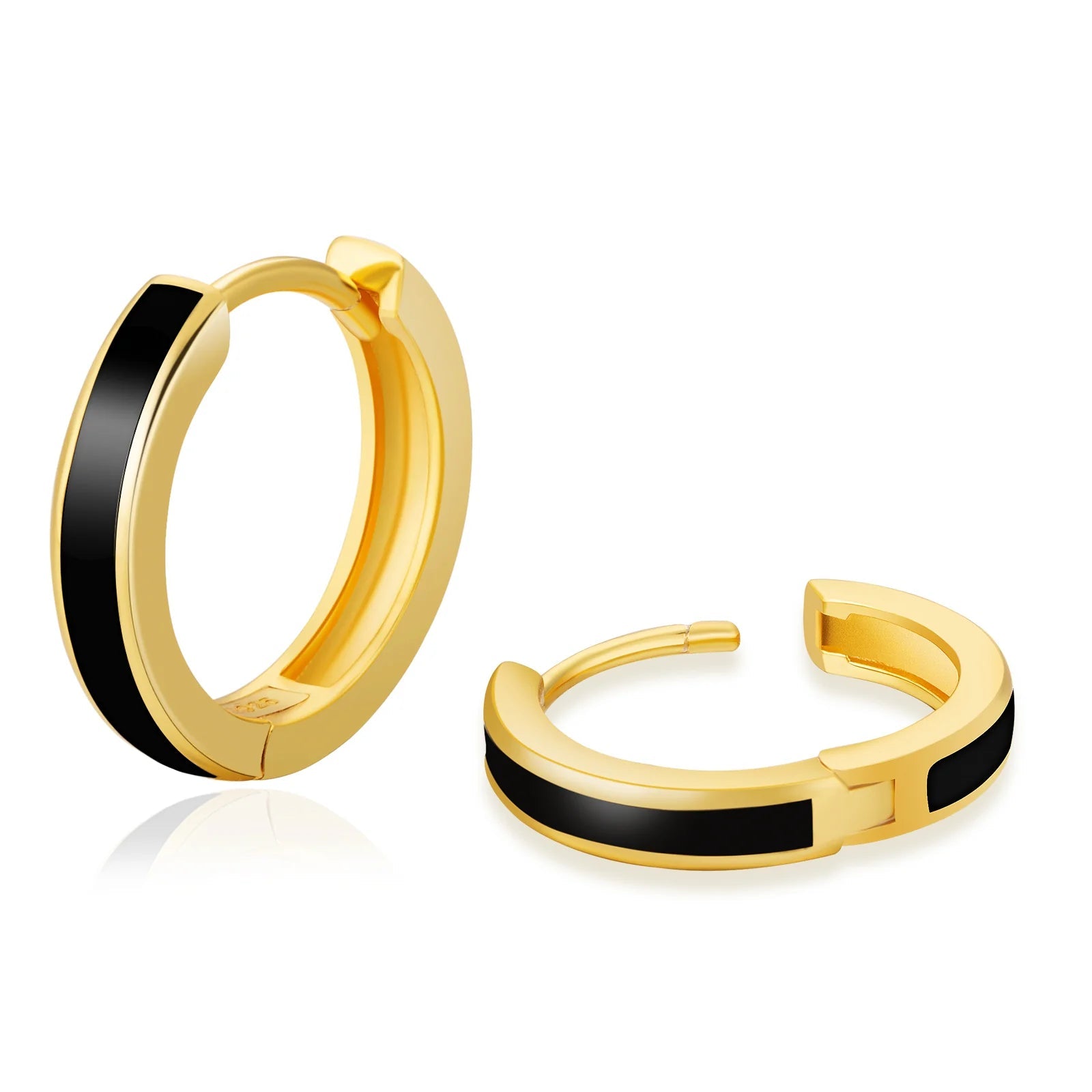 S925 Silver Sleek Black Hoop Earrings in 14K Gold - 15mm Earrings 