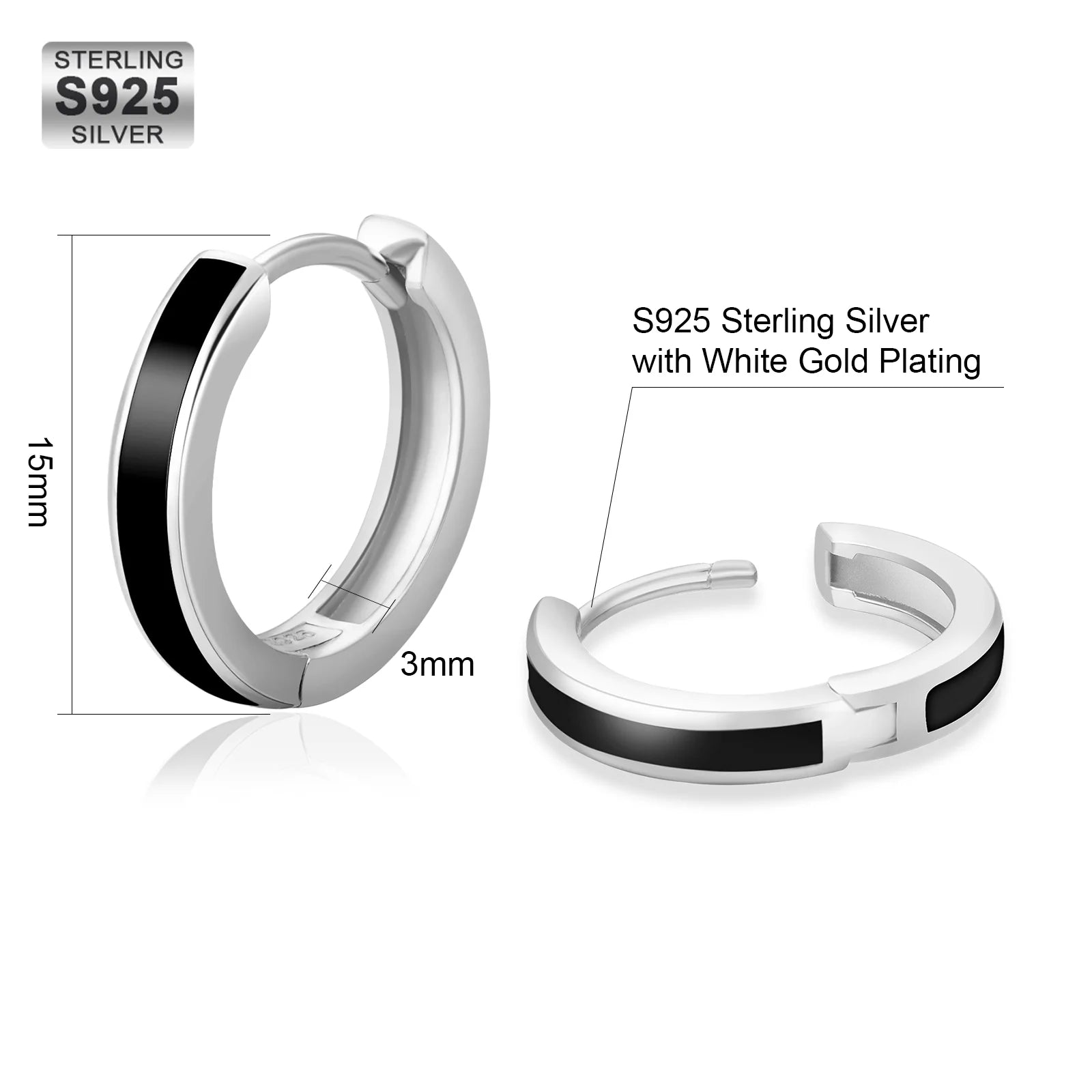 S925 Silver Sleek Black Hoop Earrings in White Gold - 15mm Earrings 