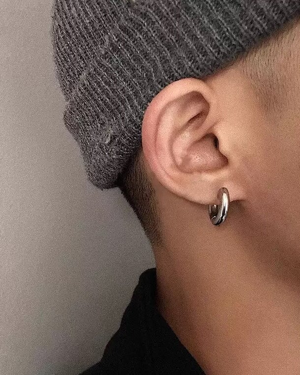 S925 Solid Men's Thick Bold Hoop Earrings in White Gold - 15mm Earrings 