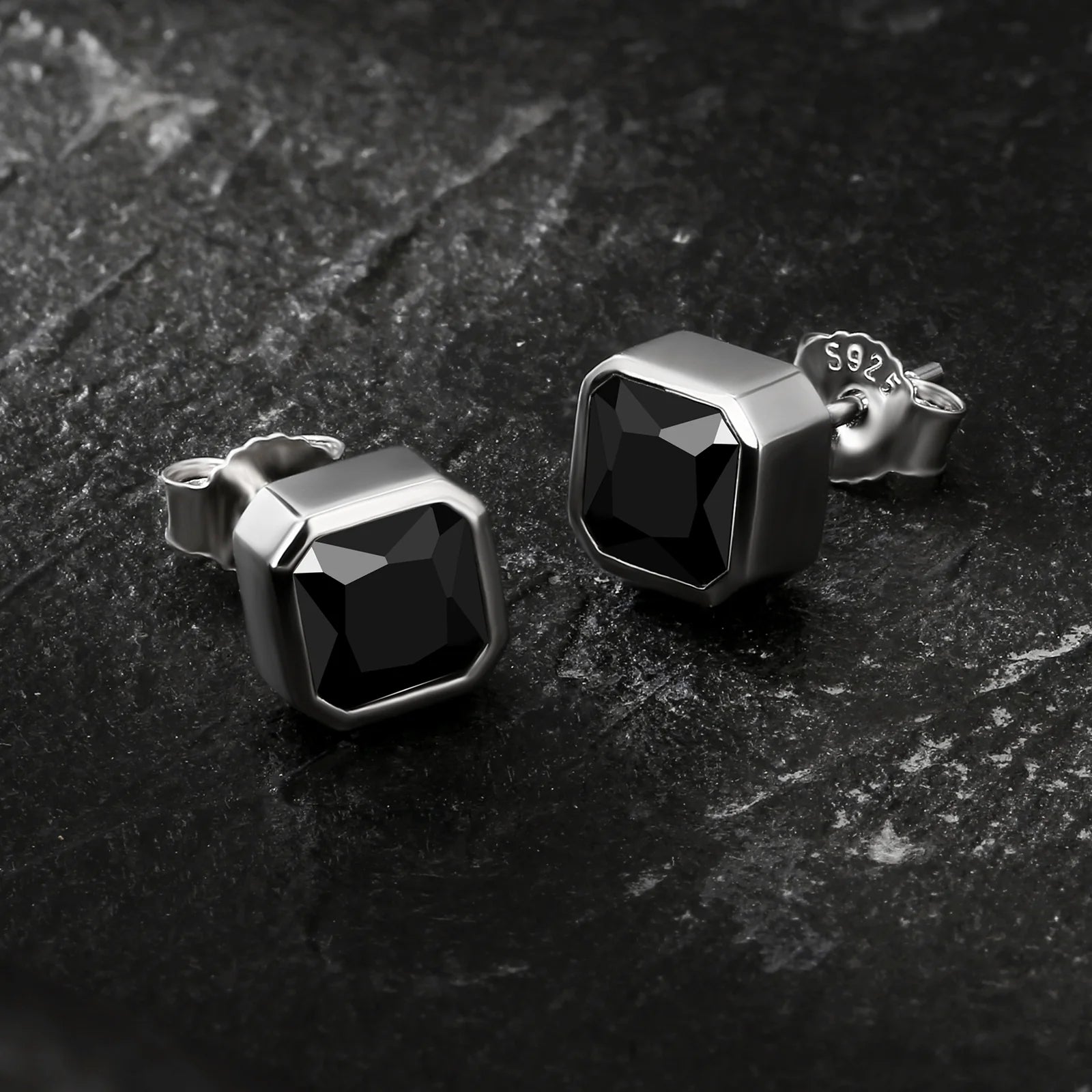 Silver Black Square Stud Earrings for Men Earrings 