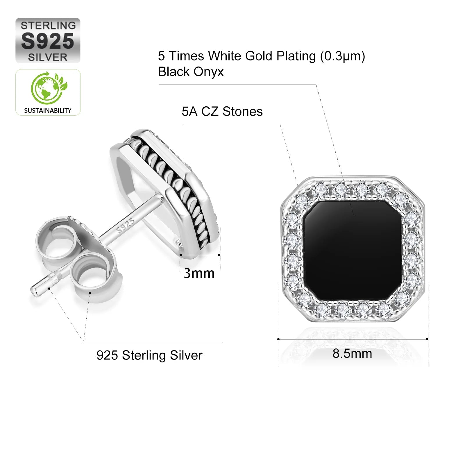 Square Black Onyx Iced Diamond Stud Earrings for Men Earrings 