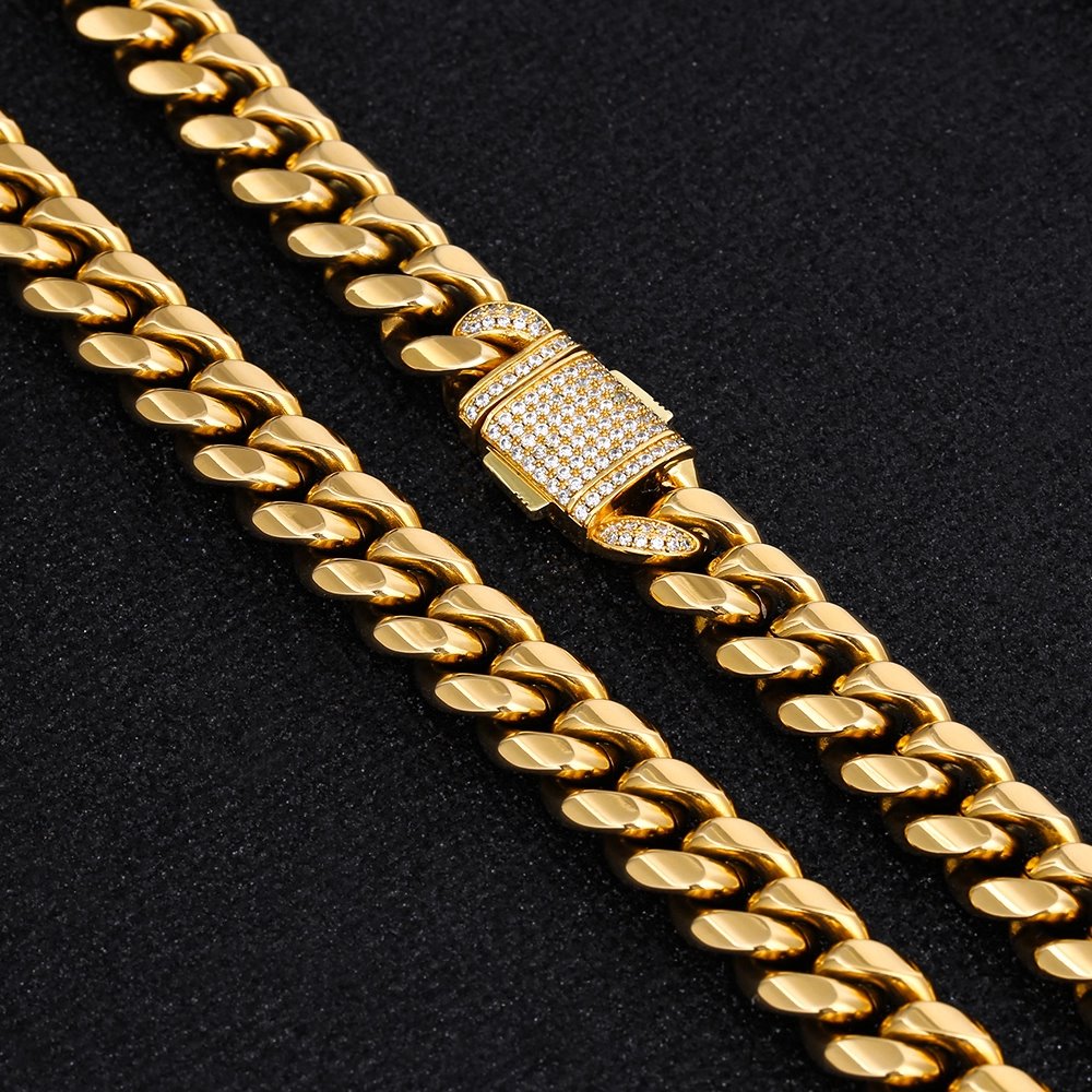 The Golden Nugget® - 12mm Iced Miami Cuban Link Chain 18K Gold Plated with CZ Clasp 
