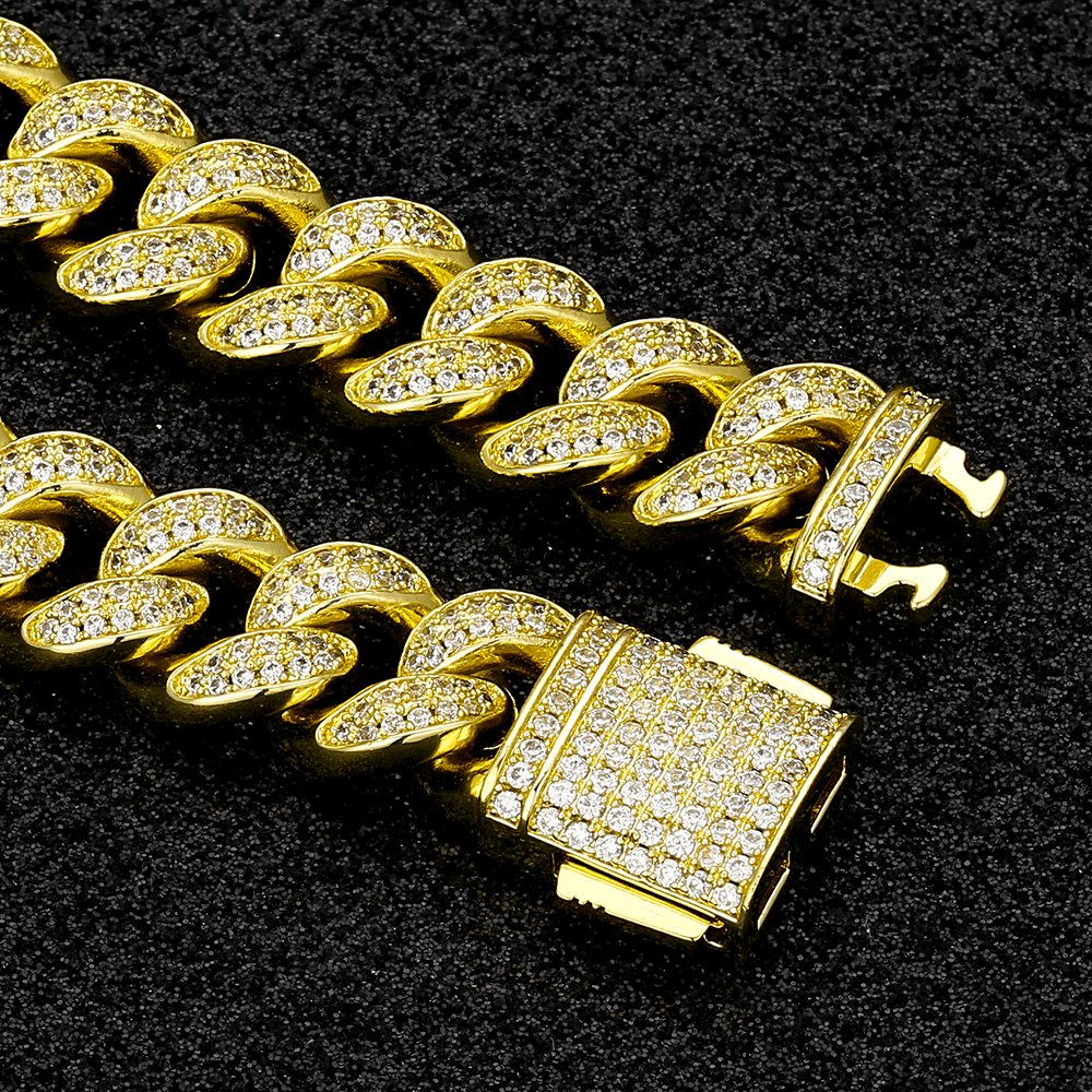The Lion Heart® - 12mm 2 Rows Iced Out Diamond Cuban Link Chain in 14K Gold 