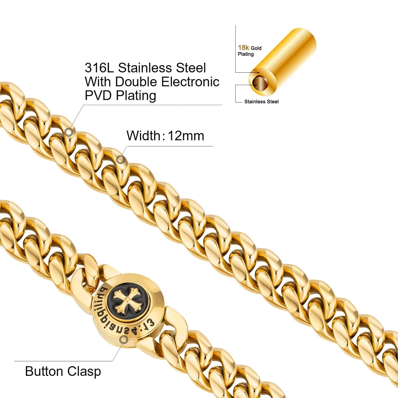 The Strength - 12mm Cuban Link Chain in 18K Gold Plated Necklaces 