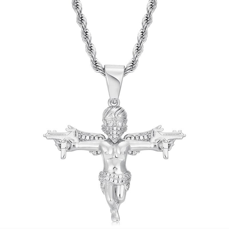 Torrent Shot Angel - 1.5inch Charms & Pendants Brass with CZ Stone Free Rope Chain White Gold