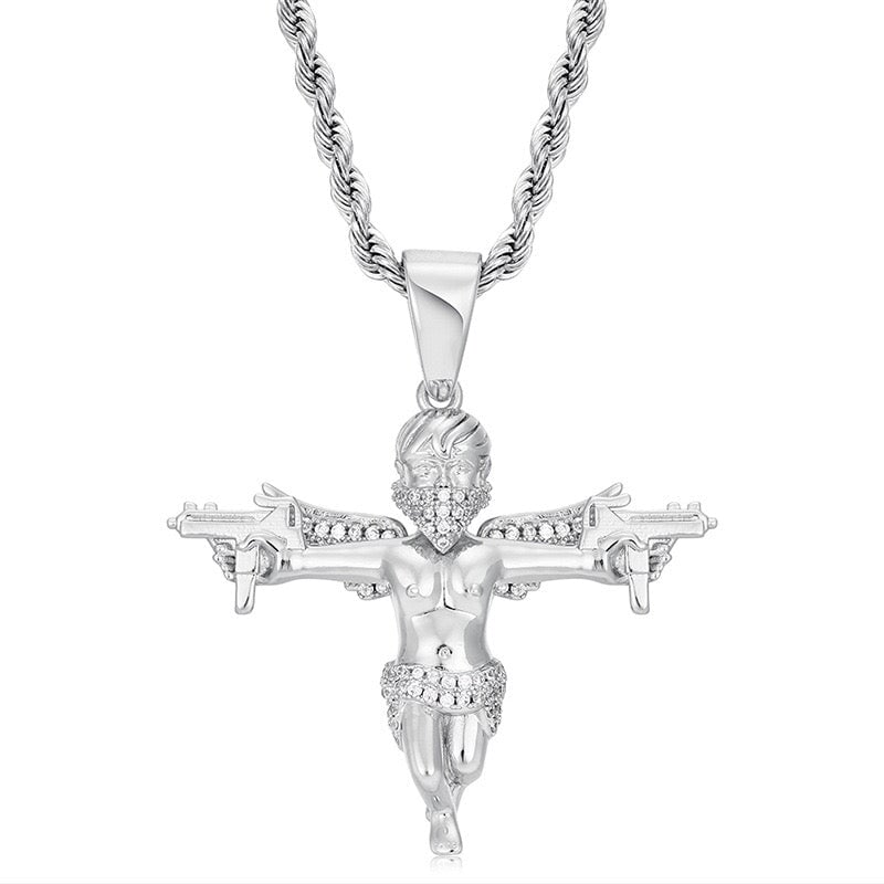 Torrent Shot Angel - 1.5inch Charms & Pendants Brass with CZ Stone Free Rope Chain White Gold
