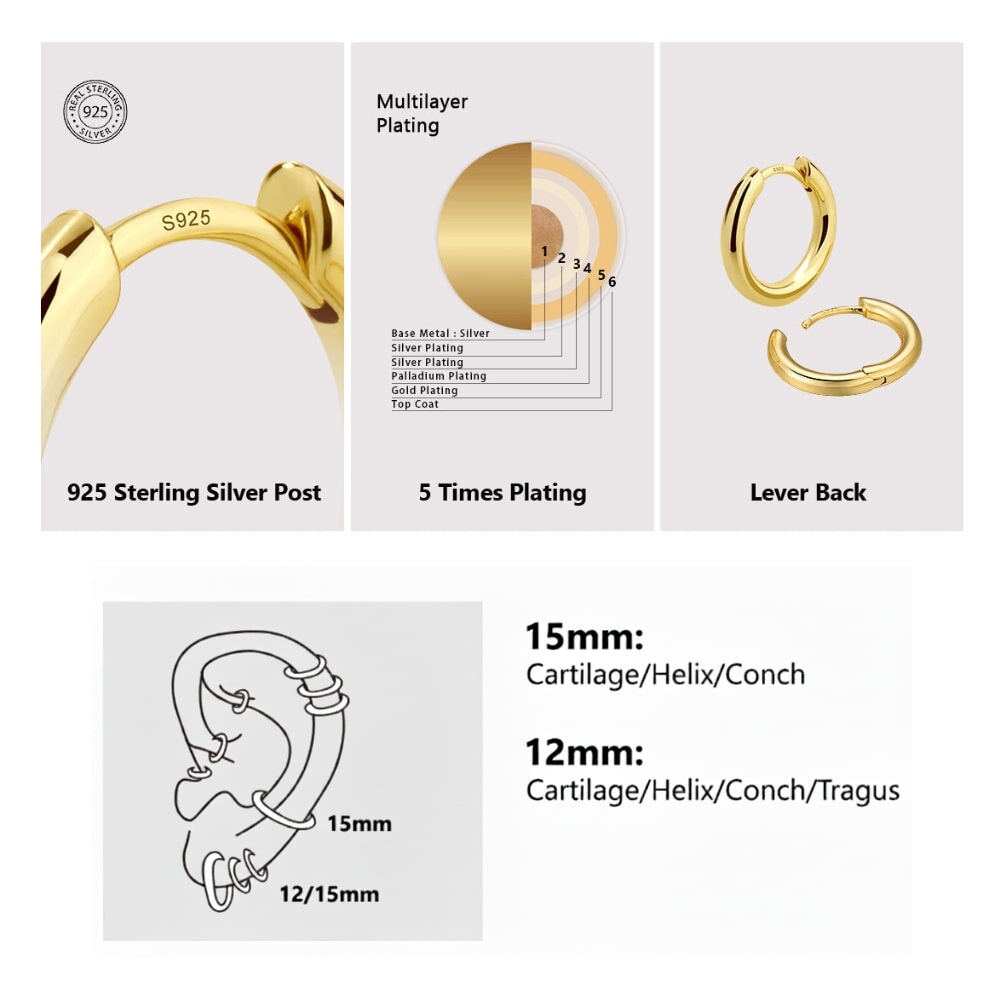 Women's 925 Sterling Silver Huggie Hoop Earrings in 14K Gold Earrings 