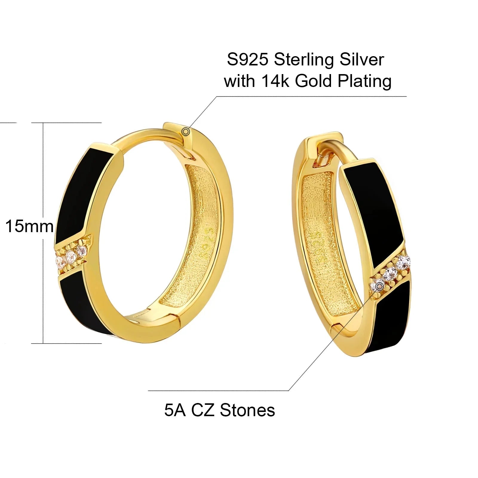 Women's S925 Diamond Black Hoop Earrings in 14K Gold - 15mm Earrings 