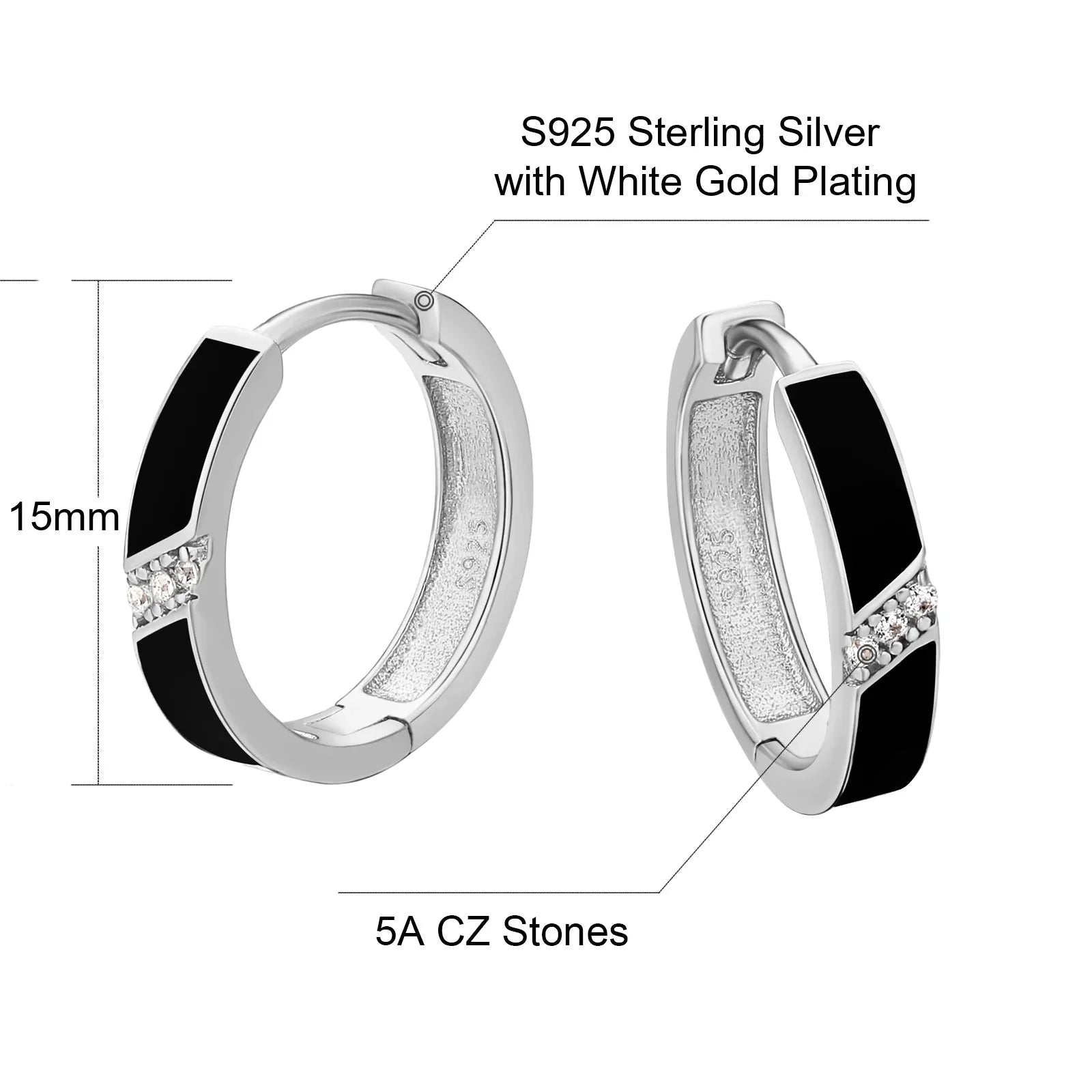 Women's S925 Diamond Black Hoop Earrings in White Gold - 15mm Earrings 