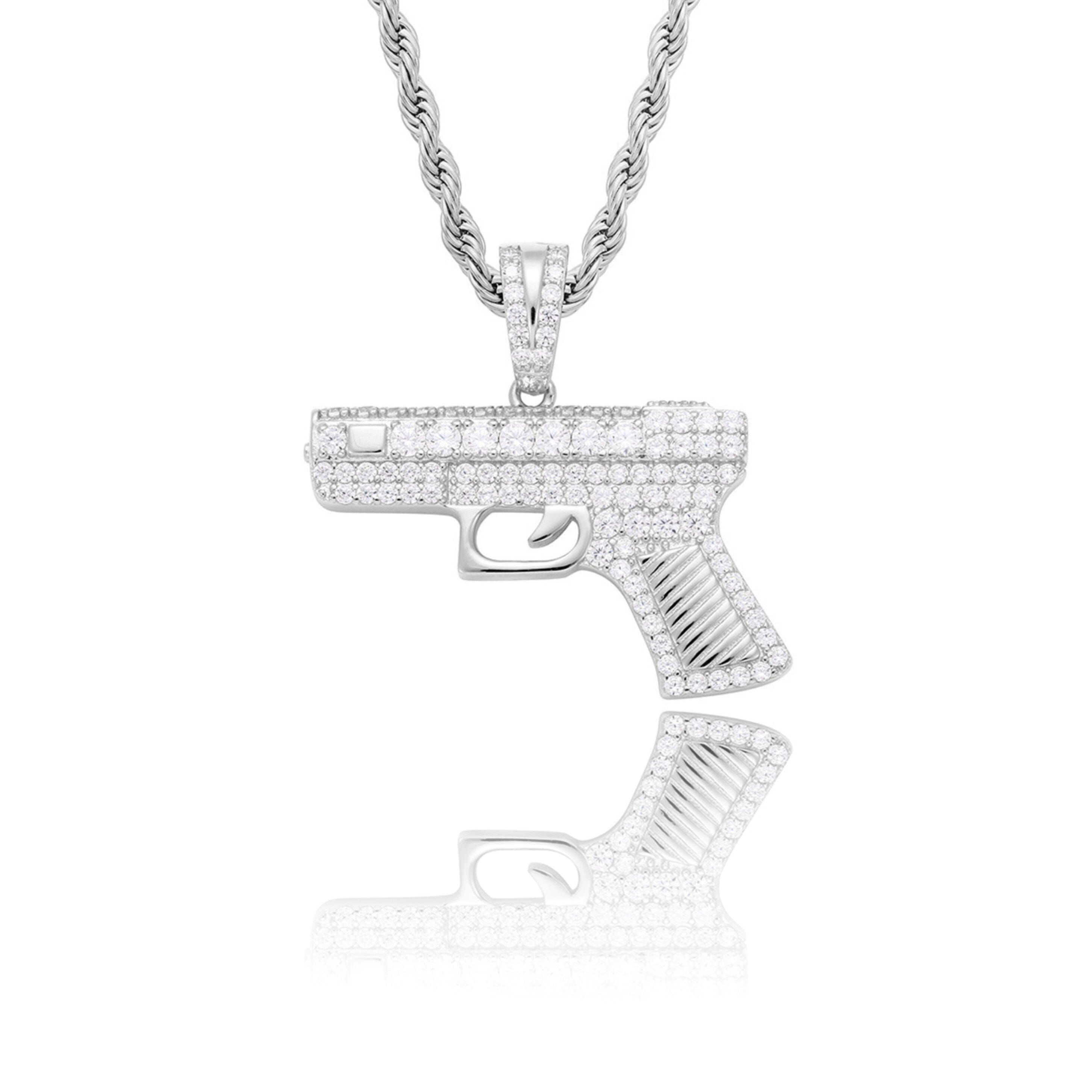 YOUNG. WILD. FREE. - Glcok Handgun Pendant - 1.5inch Charms & Pendants Brass with CZ Stone Free Rope Chain White Gold
