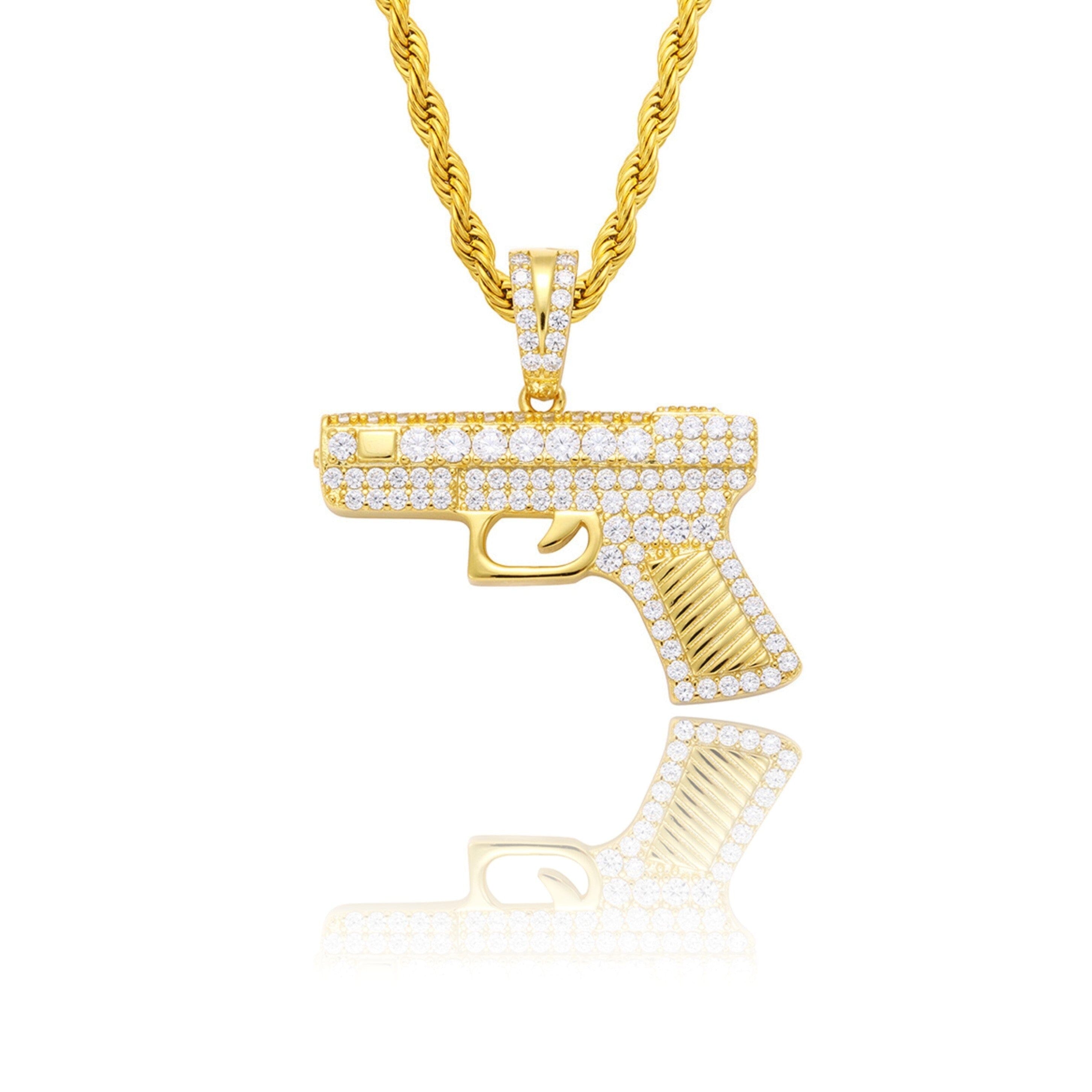 YOUNG. WILD. FREE. - Glcok Handgun Pendant - 1.5inch Charms & Pendants Brass with CZ Stone Free Rope Chain Yellow Gold