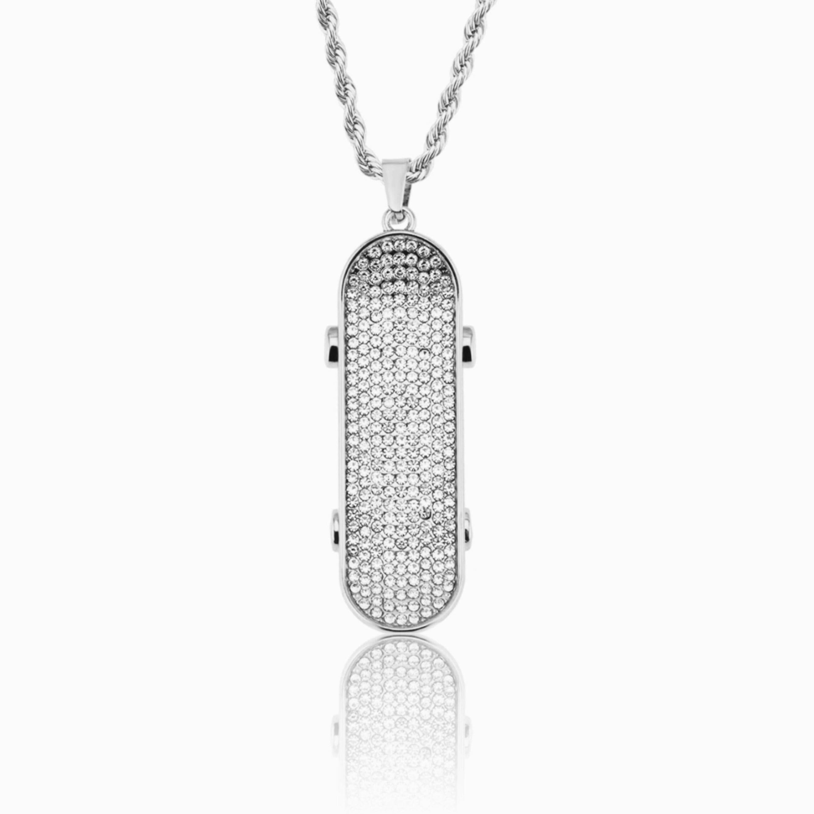 YOUNG. WILD. FREE. - Skateboard Pendant - 2inch Charms & Pendants Brass with CZ Stone Free Rope Chain White Gold