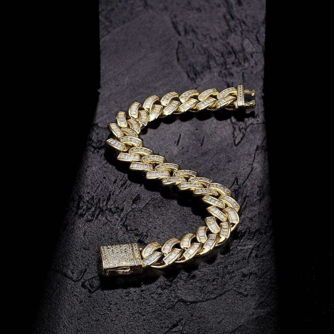 12mm Baguette CZ Mens Cuban Link Bracelet in 14K Gold 