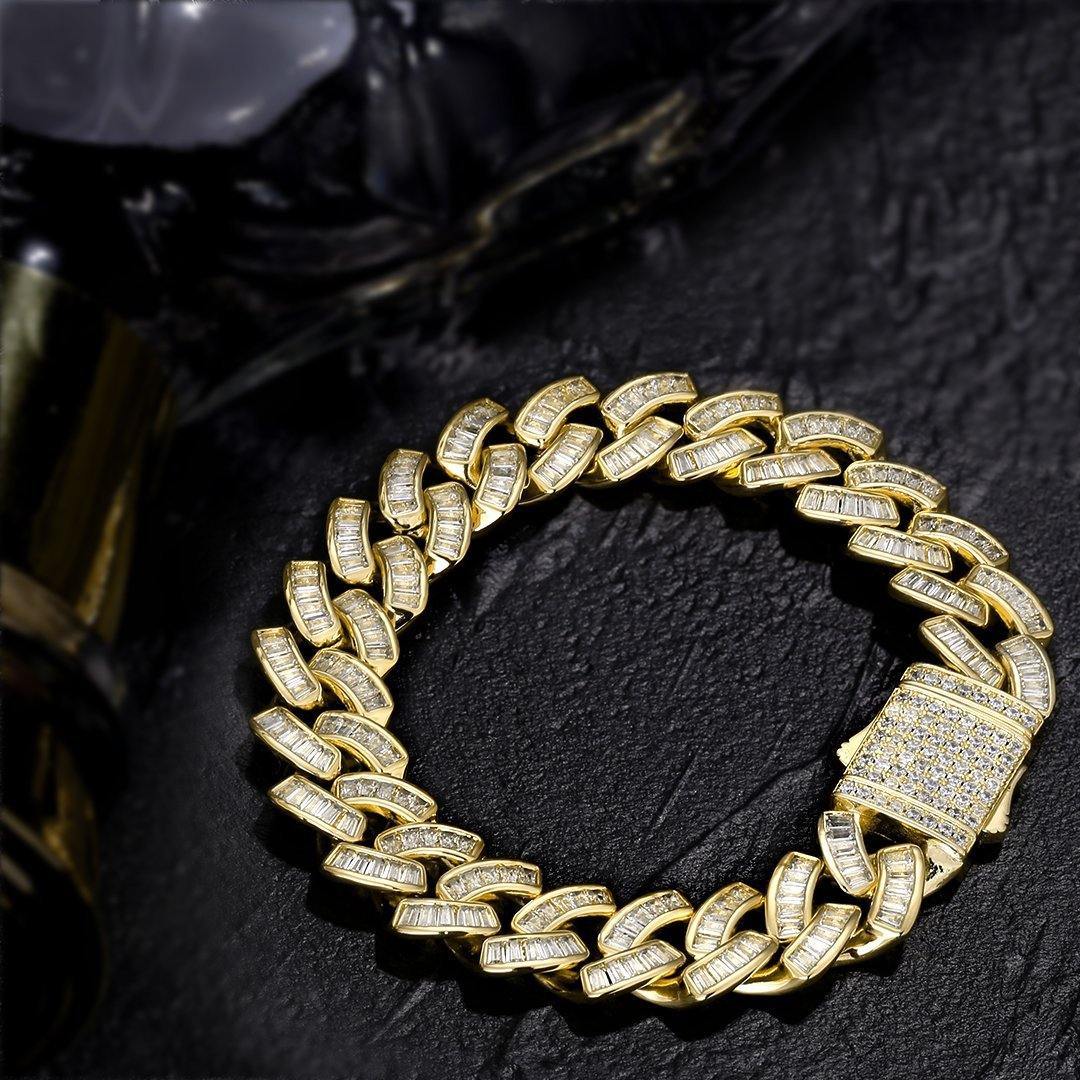 12mm Baguette CZ Mens Cuban Link Bracelet in 14K Gold 