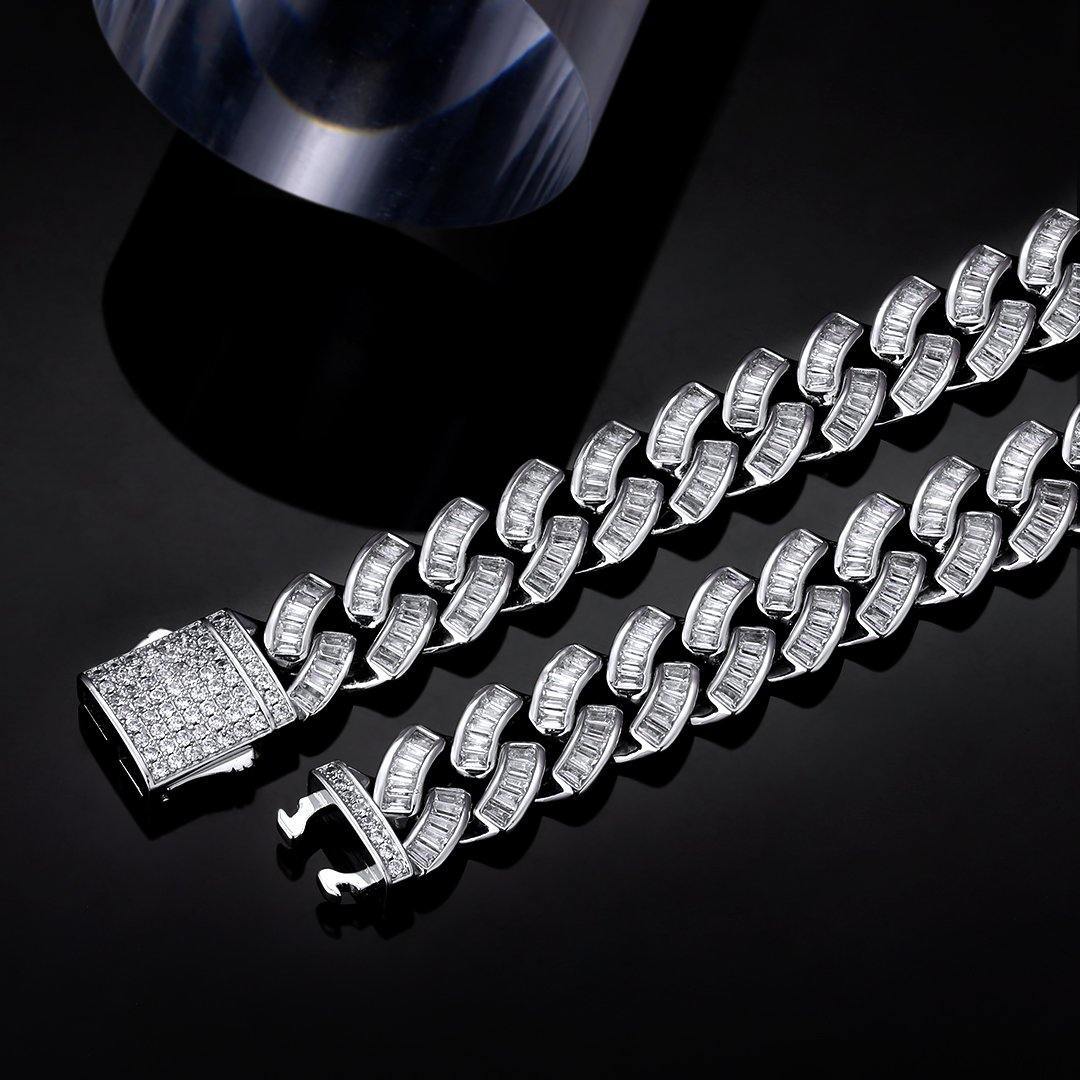 12mm Baguette CZ Mens Cuban Link Bracelet in White Gold 