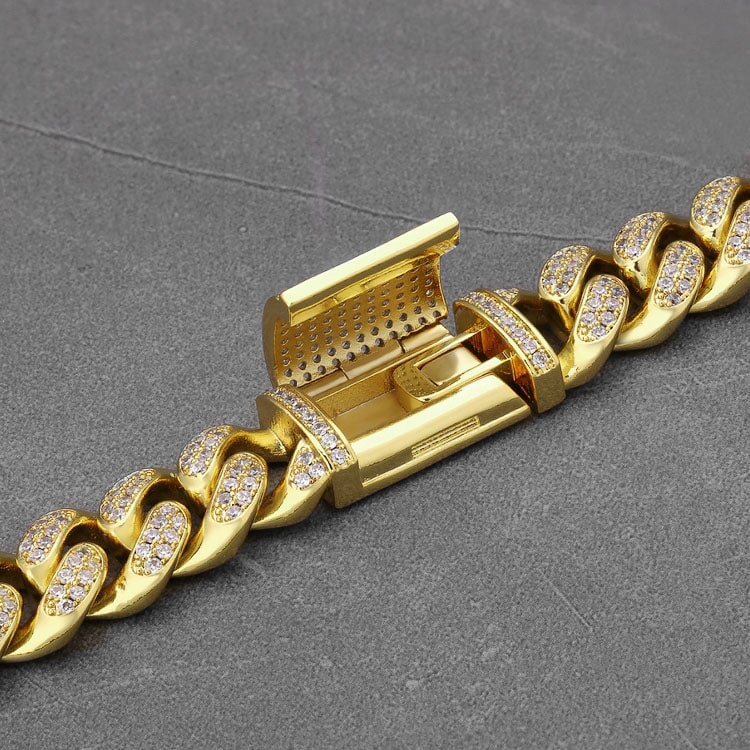 12mm Fully Iced Out Diamond Miami Cuban Link Bracelet in 14K Gold 