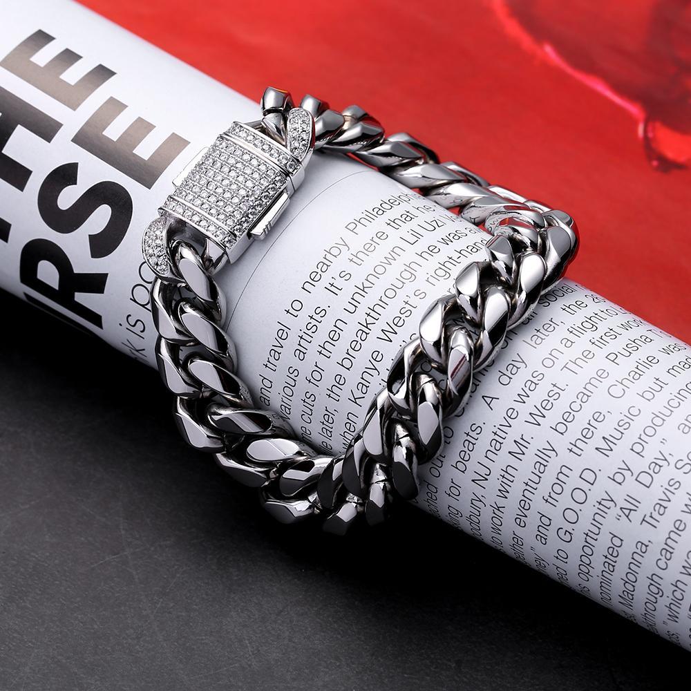 12mm Iced Out Mens Miami Cuban Link Bracelet in White Gold 