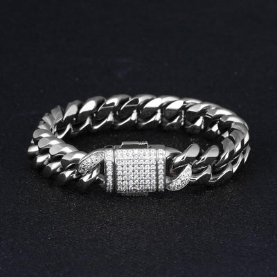 12mm Iced Out Mens Miami Cuban Link Bracelet in White Gold 
