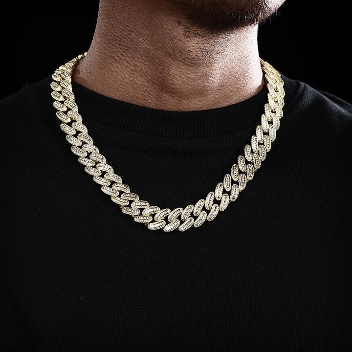 16mm Iced Out Baguette Cut Cuban Choker Chain in 14K Gold 