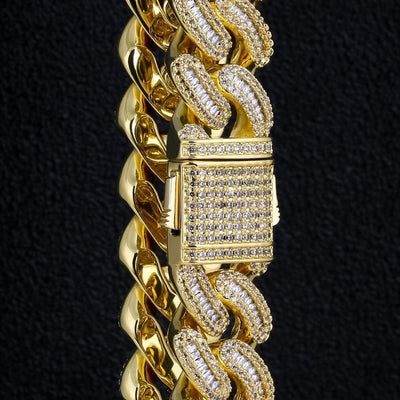 16mm Iced Out Baguette Cut Mens Cuban Link Bracelet in 14K Gold 