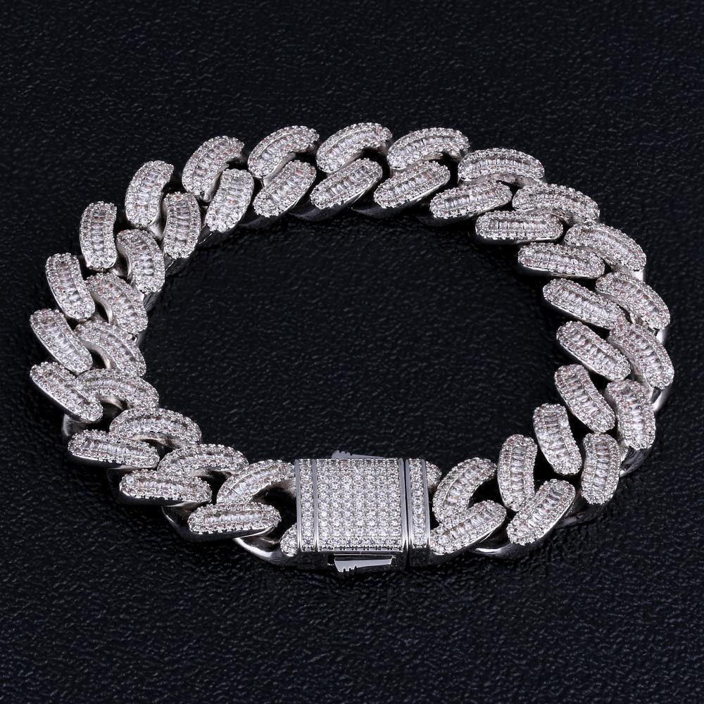 16mm Iced Out Baguette Cut Mens Cuban Link Bracelet in White Gold 