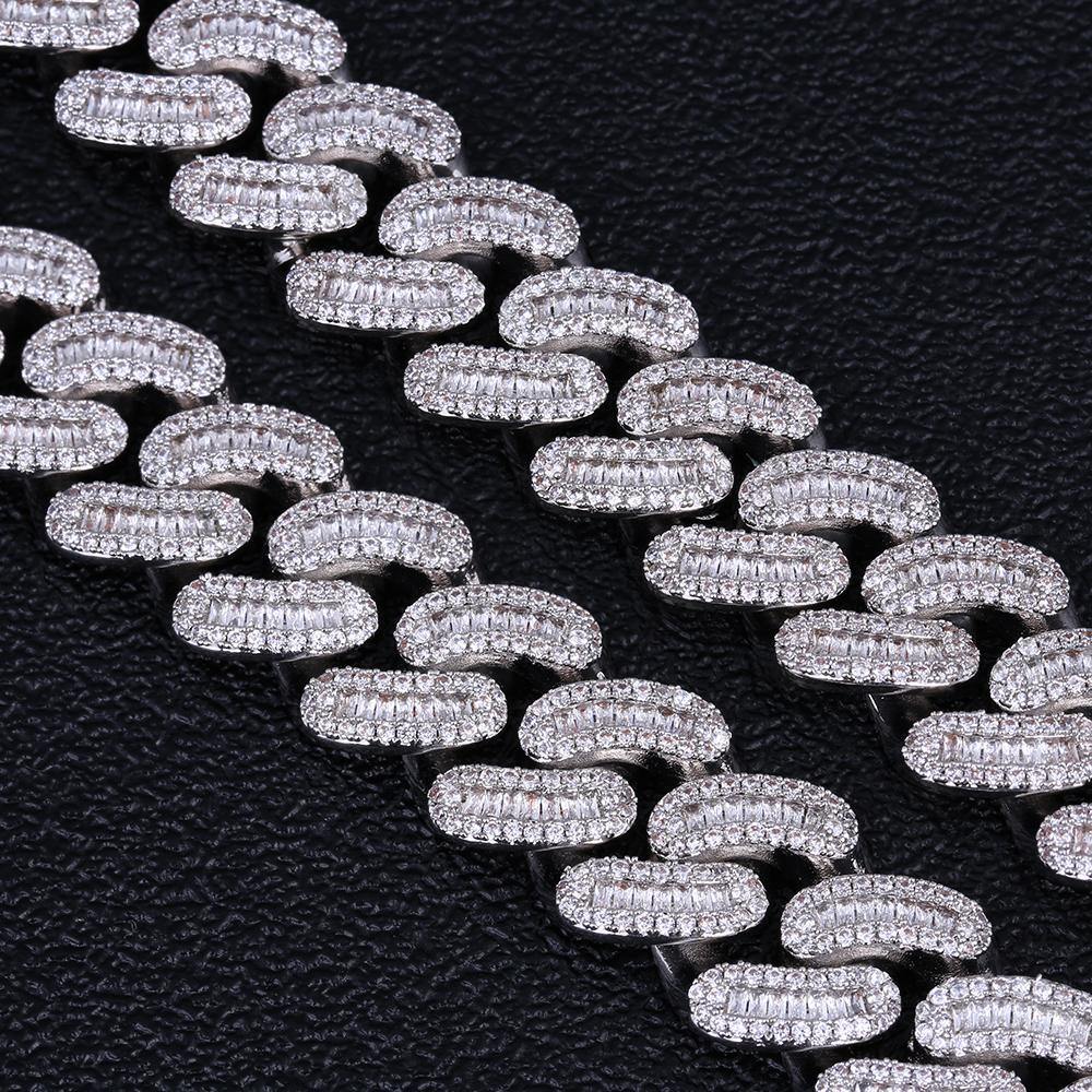 16mm Iced Out Baguette Cut Mens Cuban Link Bracelet in White Gold 