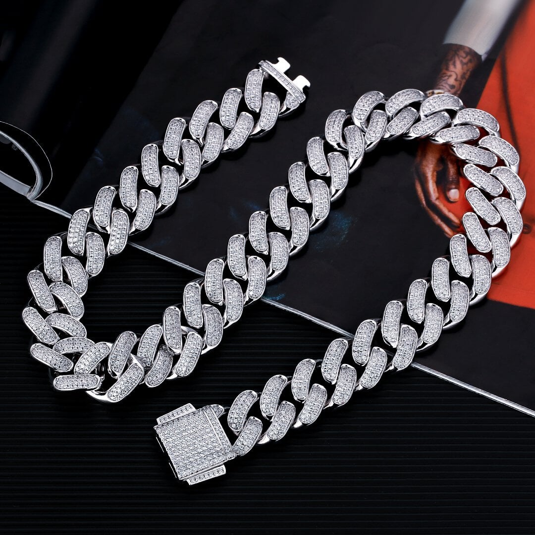 18mm Iced Out Cuban Link Chain White Gold Plated Necklaces 