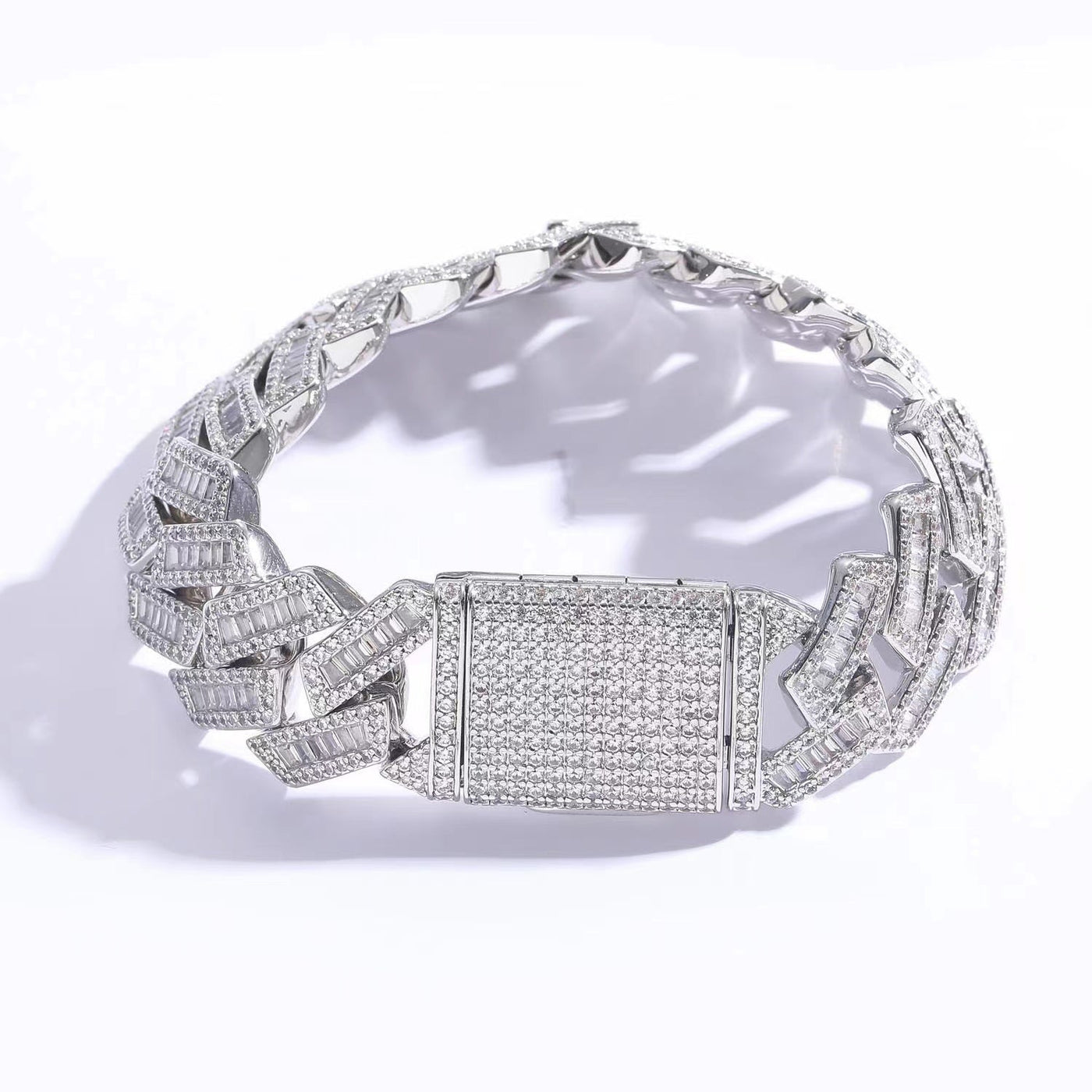 20mm Baguette Cut Moissanite Diamond Prong Cuban Link Bracelet in White Gold 