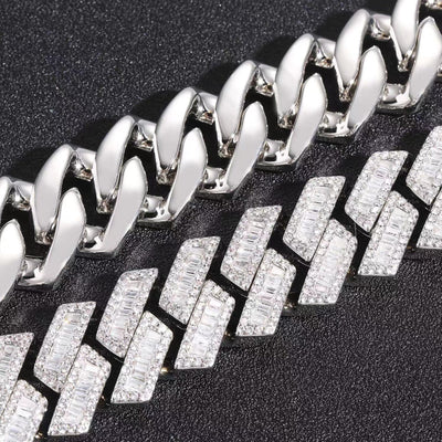 20mm Baguette Cut Moissanite Diamond Prong Cuban Link Bracelet in White Gold 