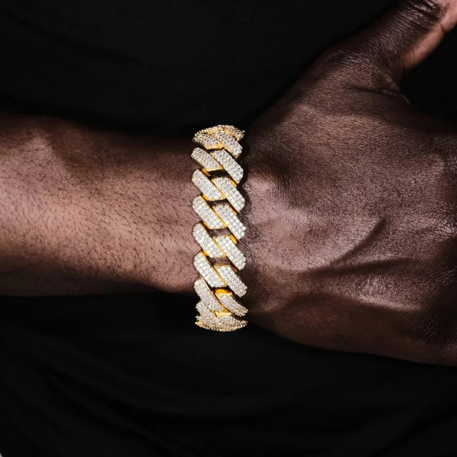 20mm Iced Out 3 Row Diamond Prong Cuban Link Bracelet in 14K Gold Bracelets 