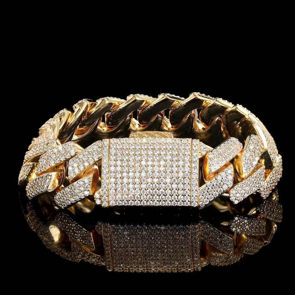 20mm Iced Out 3 Row Diamond Prong Cuban Link Bracelet in 14K Gold Bracelets 