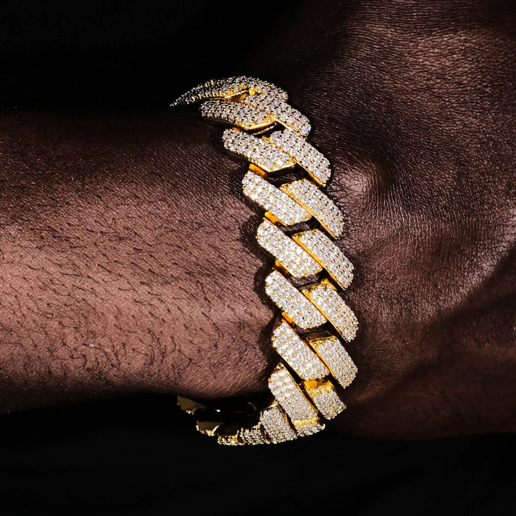 20mm Iced Out 3 Row Diamond Prong Cuban Link Bracelet in 14K Gold Bracelets 