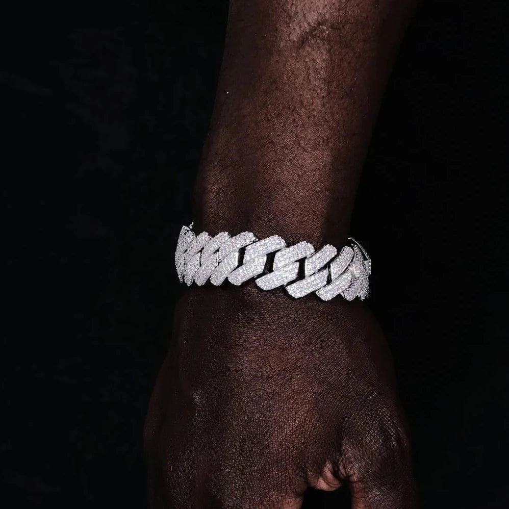 20mm Iced Out 3 Row Diamond Prong Cuban Link Bracelet in White Gold 