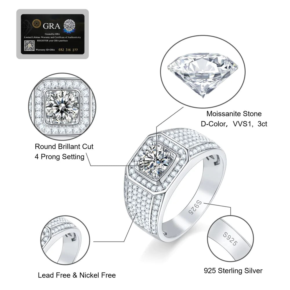 3.0 Carats VVS1 Moissanite Diamond Fully Iced Out Men's Ring Rings 