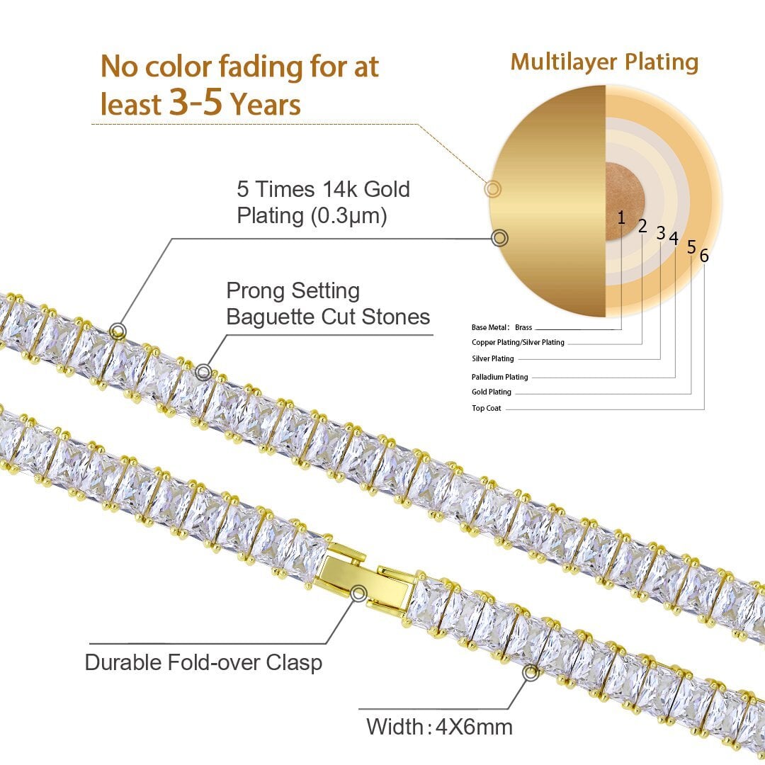 6mm Baguette Cut CZ Diamond Tennis Chain in 14K Gold 