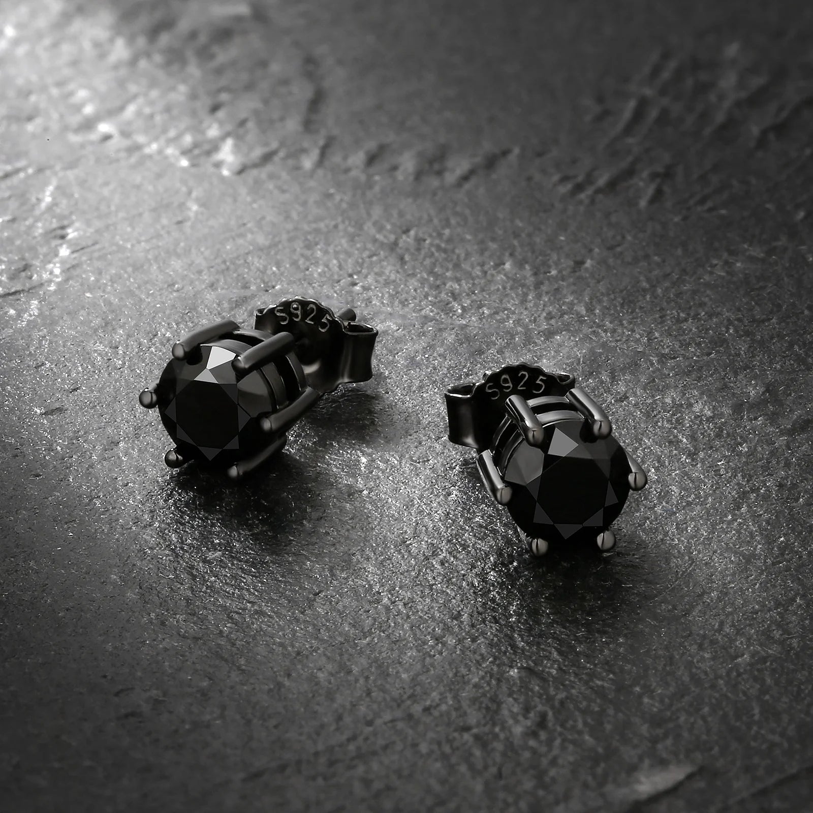 6mm Black Diamond Round Stud Earrings in 925 Sterling Silver 