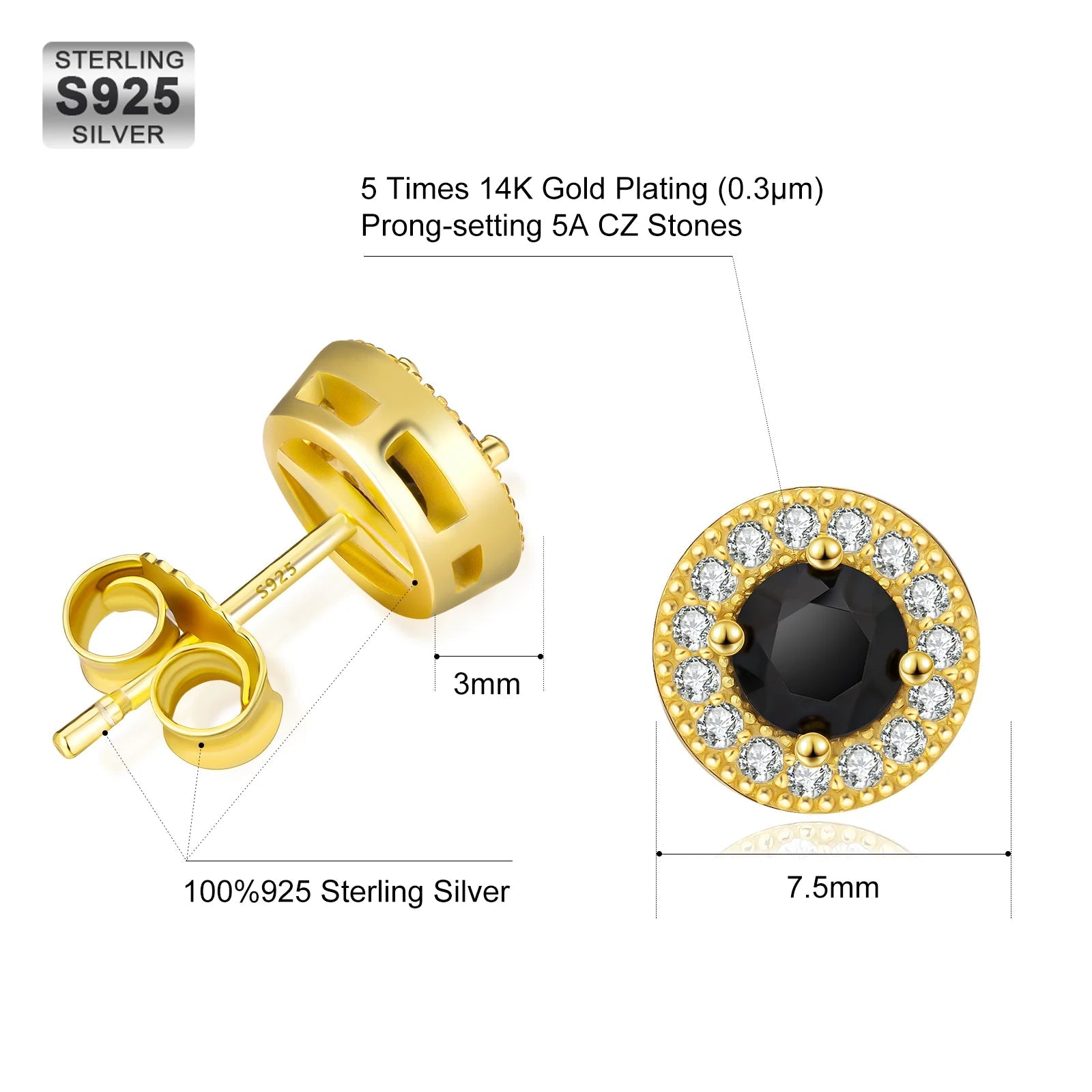 7.5mm Black Diamond Round Stud Earrings in 14K Gold 