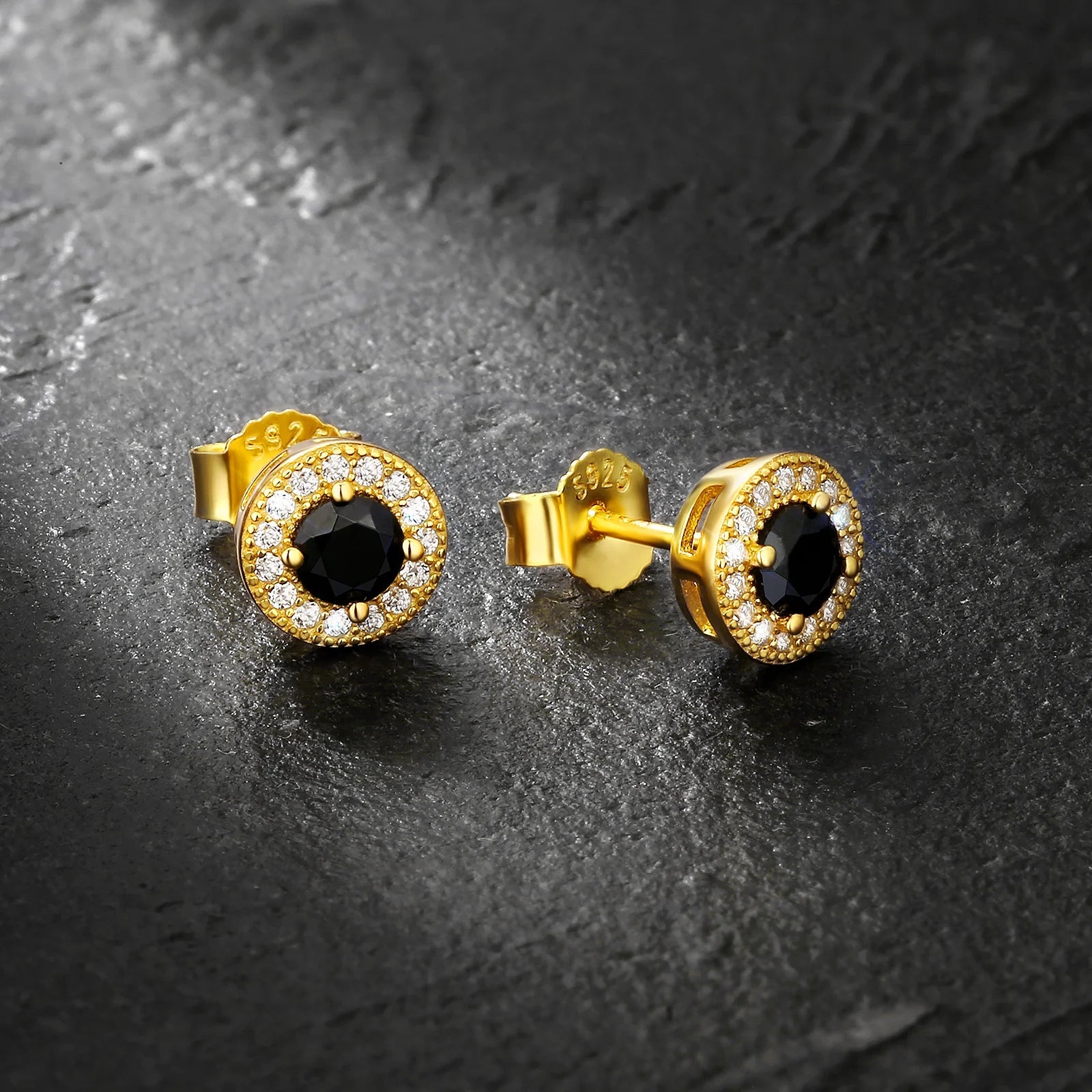 7.5mm Black Diamond Round Stud Earrings in 14K Gold 