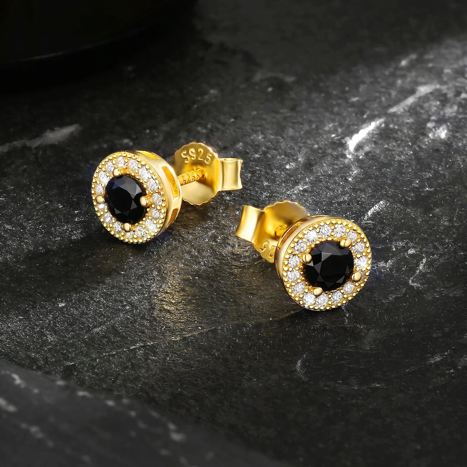 7.5mm Black Diamond Round Stud Earrings in 14K Gold 