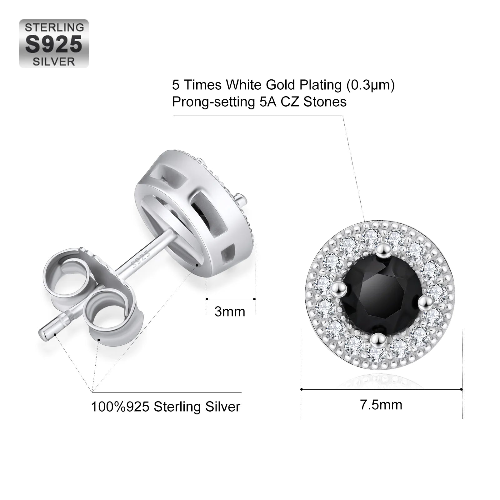 7.5mm Black Diamond Round Stud Earrings in White Gold 